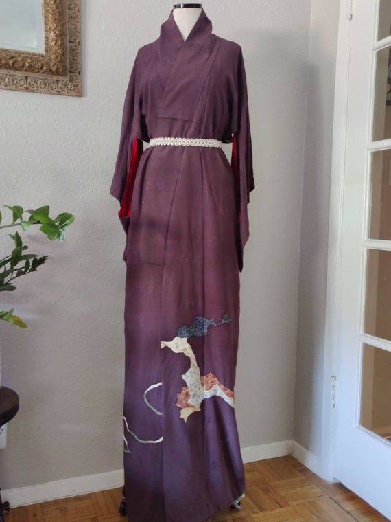 One Size Antique Purple Silk Kimono, Vintage Japa… - image 2