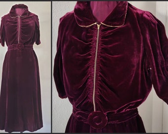 Size S: Late 30s Early 40s Cranberry Silk Velvet Dress, Vintage Holiday Cocktail Dress, 1930s Old Hollywood, Retro Pinup Red Dress