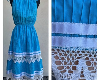 Size M: Azure Blue Mexican 1970s Cotton Sundress, Boho Summer Festival Dress, Cottagecore Vintage Napdress