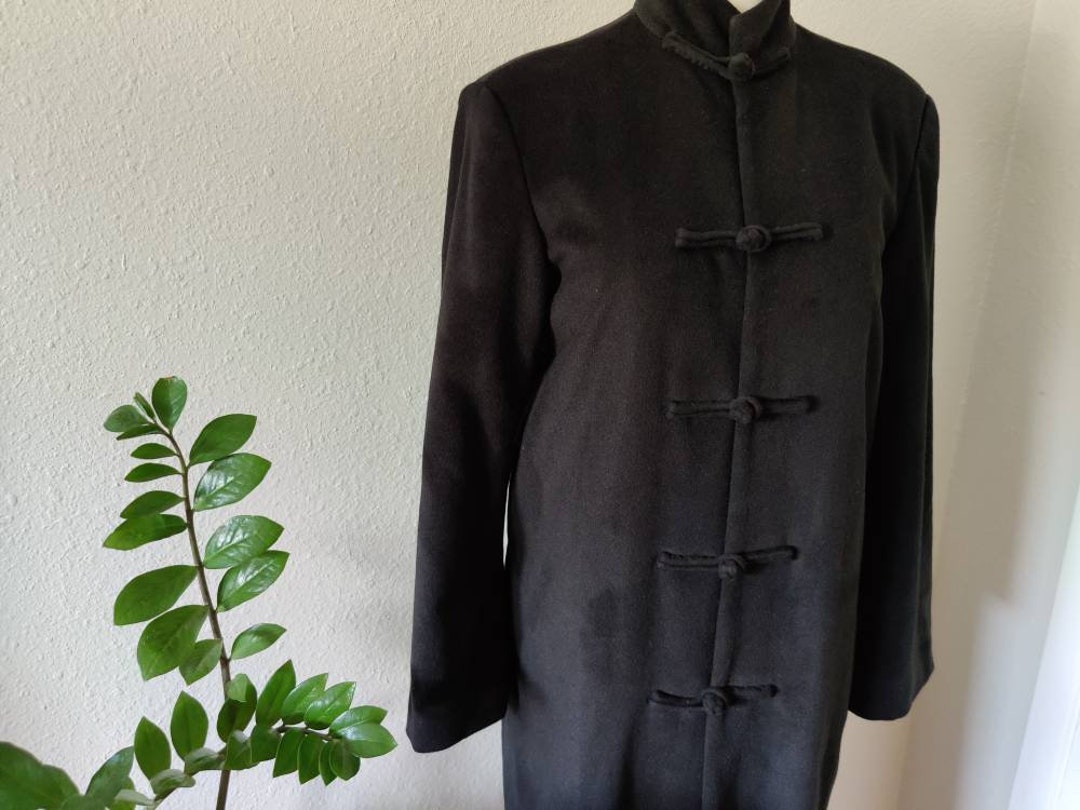 Size L Vintage Long Black Fleece Wool Asian Overcoat Mandarin