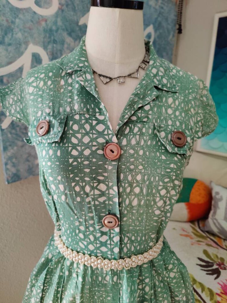 Size M: Green Cotton House Dress 1950s/60s, Bea Young Casual Everyday Vintage, MCM Mid Century 50s, Maisel Mad Men image 1