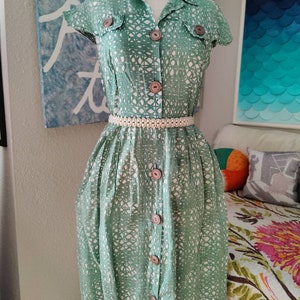 Size M: Green Cotton House Dress 1950s/60s, Bea Young Casual Everyday Vintage, MCM Mid Century 50s, Maisel Mad Men image 2