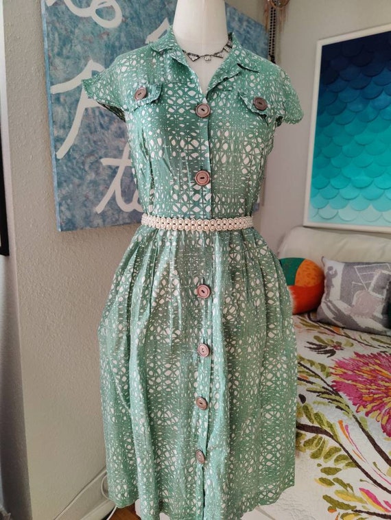 Size M: Green Cotton House Dress 1950s/60s, Bea Y… - image 2