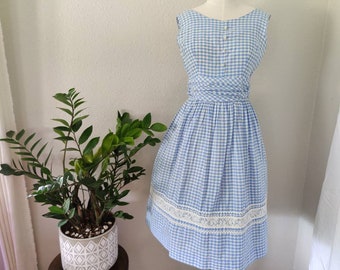 Size M: Blue Gingham Dorothy Dress, Montgomery Ward Vintage Oz Mid Century Sundress 50s 60s IGWLA, Maisel Mad Men Pinup Housewife Cosplay