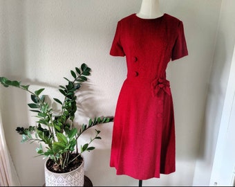 Size M: Candy Apple Red Vintage 50s Wiggle Dress, 60s Wool Boucle Holiday Pinup Sheath Mrs. Maisel, Retro Joan Office Mad Men, Mid Mod