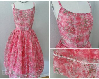 Size S/M 1950s/60s Shocking Pink Chiffon Sundress, Mid Century 50s Cocktail Party Novelty Print Plus, Maisel Mad Men MCM Pinup