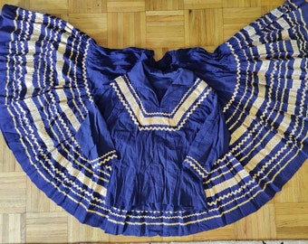 Size XS: Vintage Mexican Top & Skirt Set, 50s 60s Blue Gold Cotton Muslin Boho Oxaca, Retro Festival Hippie Sundress Dance Costume