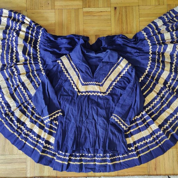 Size XS: Vintage Mexican Top & Skirt Set, 50s 60s Blue Gold Cotton Muslin Boho Oxaca, Retro Festival Hippie Sundress Dance Costume