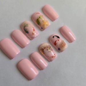 Blush Ocean Press-On Nails | Koi Fish & Starfish - Handmade Reusable Nail Art