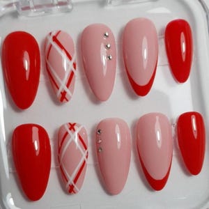Handmade Pink & Red Press-On Nails | Medium Almond, Glossy Two-Tone