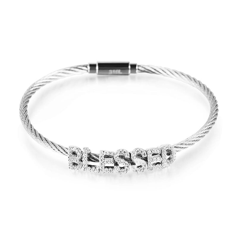 Stainless Steel Cable CZ Blessed Pendant Bracelet Magnet Gold and Silver