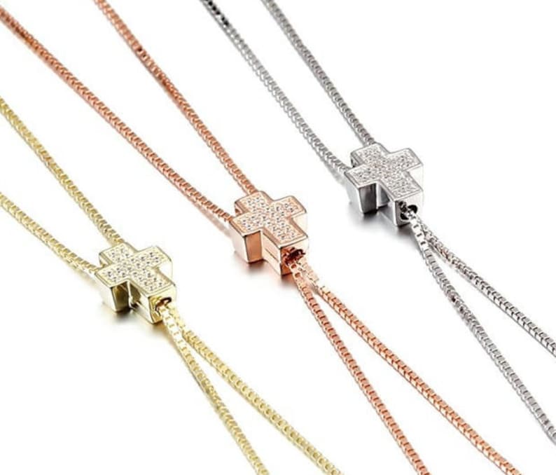 Stainless Steel Y-Necklace Dangling CZ Cross Pendant Chain Gold Silver Rose gold