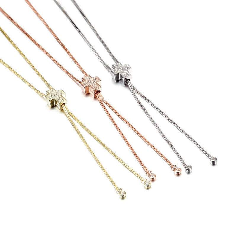 Stainless Steel Y-Necklace Dangling CZ Cross Pendant Chain Gold Silver Rose gold