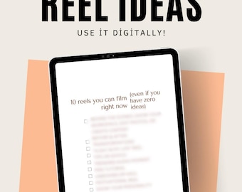 Puede incluir: Gráfico digital con el texto "REEL IDEAS" en negrita negra. Debajo, se lee "USE IT DIGITALLY!". Una tableta muestra una lista de 10 ideas de reels. La parte inferior del gráfico dice "THE ORGANIZED CREATIVE".