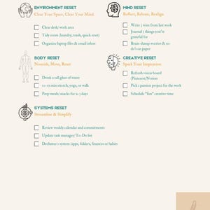 May include: A pastel-colored Sunday Reset Checklist with sections for Environment, Mind, Body, Creative, and Systems resets. Each section includes a list of tasks. The Organized Creative logo is at the bottom.
