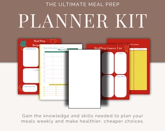 May include: A meal prep planner kit with red and white pages. The kit includes pages for recipes, grocery lists, and weekly planning. Text includes "The Ultimate Meal Prep Planner Kit" and "Download Now."