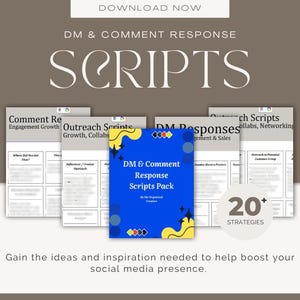 Könnte beinhalten: Werbebild mit einem blauen Heft mit dem Titel "DM & Comment Response Scripts Pack" mit gelben und blauen Designelementen. Das Bild enthält auch mehrere Arbeitsblätter und den Text "20+ Strategies", um die Social-Media-Präsenz zu steigern.