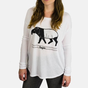 Women's Tapir T-Shirt / Hand Screen Printed / Obscure Animal Shirt White Flowy Oversized Tee Long Sleeve / Coffee Break Clothing