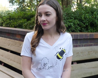 SALE Save the Bees Women's V Neck T-Shirt / Bee Conservation Tee Relaxed Fit / Bee Screen Print Shirt / Bumble Bee Honey Bee Cute