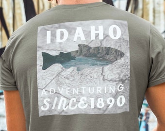 208 Tee Shirt| Idaho Shirt| Adventuring Since 1890 Unisex Tee| Idaho Apparel| Graphic Tee| Rainbow Trout| Idaho Clothing| Idaho Map| Scene T