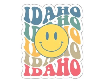 Smiley Face| Idaho| Sticker| Wavy Font| Retro Font| Groovy| Idaho Gift| Waterbottle| Laptop| Vinyl| Die Cut| Waterproof| Idaho Stickers| 208