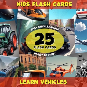 25 Fahrzeuge Karteikarten für Kinder | Druckbare Transport Lernkarten | Kleinkind & Vorschule Digitaler Download |  Lern-Karteikarten