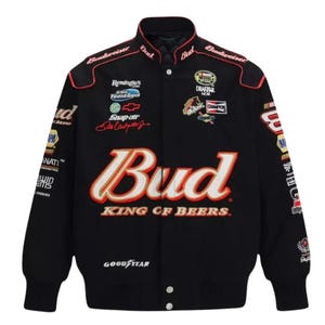 Vintage Nascar Bud Racing Jacket: Team Printing, Motorsport Apparel
