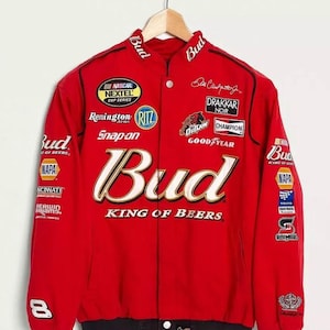 Vintage Nascar Bud Racing Jacket: Team Printing, Motorsport Apparel