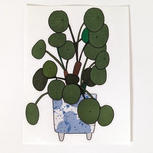 Puede incluir: Una pegatina con una ilustración de una planta en maceta. La planta tiene hojas grandes, redondas y verdes y un tallo marrón. La maceta tiene forma cuadrada con un diseño de salpicaduras azules y blancas y pequeños pies blancos.