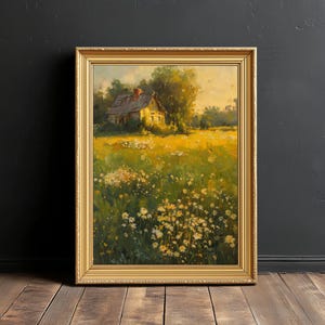 Golden Meadow Cottage | Vintage Floral Landscape Print, Summer Wildflower Field Art, Country House Wall Decor, Digital Download
