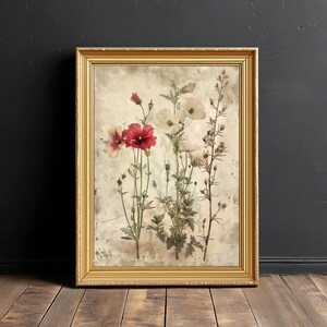 Antike botanische Blumenstudie | Vintage botanische Illustration Druck, gealtertes Papier Wandkunst, botanische Karte mit Wildblumen, digitaler Download