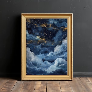 Himmlischer Sturm | Stimmungsvoller Wolken- und Sternenhimmel, Wandkunst, dunkelblauer kosmischer Druck, Sternenklare Nacht, abstrakter Nachthimmel-Sternendruck, digitaler Download