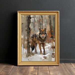 Silent Watch | Moody Wolf in Winter Forest, Rustic Wildlife Wall Art, Painterly Woodland Animal Portrait, Digital Download Print