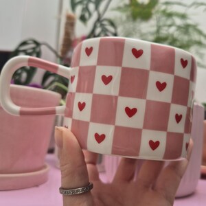 Pink Checkerboard Ceramic Mug | Cottagecore square cup with hearts