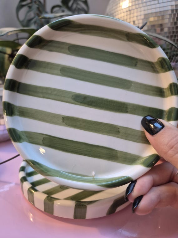 Green striped ceramic plate | Coffee cup coaster | jewellery dish
