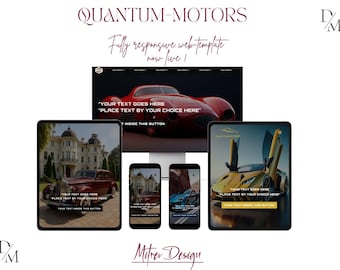 Puede incluir: Una maqueta de sitio web para un concesionario de automóviles llamado "Quantum-Motors". El sitio web presenta un automóvil deportivo rojo, un automóvil negro y rojo y un automóvil deportivo amarillo. El sitio web es completamente receptivo y ahora está en vivo. El texto "YOUR TEXT GOES HERE" y "PLACE TEXT BY YOUR CHOICE HERE" se muestra en el sitio web.