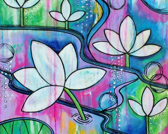 Lotus Water Lily pink blue art Art Original painting  by Melanie Douthit