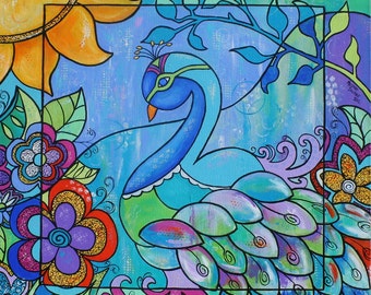 Proud Peacock Pop Art Painting Floral Original by Melanie Douthit