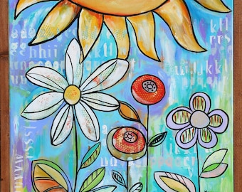 SALE Spring Flowers painting Art Country floral Sunshine blue yellow purple