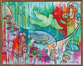 Journey to Oz Abstract Bird Colorful Art Painting Spring Floral green red blue