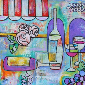 Wine Bottles Glasses Italian Restaurant Art Original painting by Melanie Douthit free ship image 1