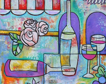 Wine Bottles Glasses Italian Restaurant Art Original painting  by Melanie Douthit free ship