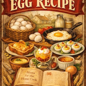 Könnte beinhalten: Ein Cover eines Kochbuchs im Vintage-Stil mit dem Titel "111 Egg Recipe", das verschiedene Eierspeisen, einen Eierkorb und ein offenes Kochbuch zeigt. Das Cover hat ein rustikales Design mit einem Bauernhaus im Hintergrund und dem Text "Hints for the Home Cook".