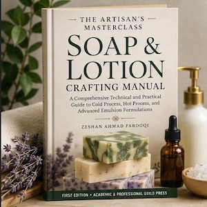 May include: A hardcover book titled The Artisan's Masterclass Soap & Lotion Crafting Manual by Zeshan Ahmad Farooqi. The cover features a cream background with dark green text, displaying three stacked rectangular soap bars in green and white.
