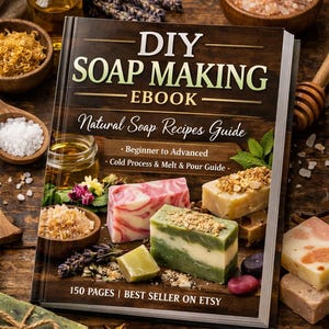 Puede incluir: Un libro abierto titulado "DIY Soap Making Ebook" con "Natural Soap Recipes Guide" en la portada. La imagen muestra jabones hechos a mano, aceites esenciales e ingredientes, lo que sugiere una guía para hacer jabón.