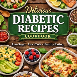 Może przedstawiać: Książka kucharska zatytułowana "Delicious Diabetic Recipes" z różnymi zdrowymi potrawami. Dania obejmują sałatki, łososia, jajecznicę, jagody i zapiekankę. Podtytuł książki brzmi "Low-Sugar • Low-Carb • Healthy Eating."