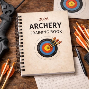 Puede incluir: Un libro de entrenamiento de tiro con arco para 2026 con un gráfico de diana y flechas. El libro está abierto sobre una superficie de madera, con un arco, flechas y un bolígrafo cerca. La portada presenta el texto "ARCHERY TRAINING BOOK".