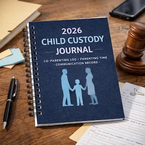 May include: A navy blue spiral-bound journal titled "2026 Child Custody Journal" with text for co-parenting logs, parenting time, and communication records. The cover features a light blue family silhouette. A black pen, a gavel, and a smartphone are also visible.
