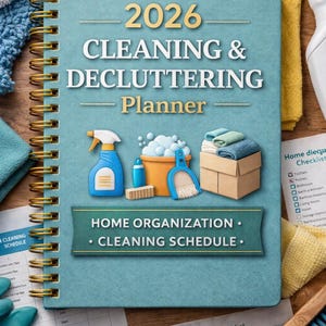 Könnte beinhalten: Ein türkisfarbener 2026 Reinigungs- und Entrümpelungsplaner mit goldener Spiralbindung. Das Cover zeigt Reinigungs-Icons und den Text „HOME ORGANIZATION • CLEANING SCHEDULE“. Reinigungsmittel und Checklisten umgeben den Planer.