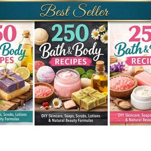 Puede incluir: Imagen promocional de tres portadas de libros "250 Recetas de Baño y Cuerpo". Cada portada presenta diferentes productos de baño y cuidado corporal, como jabones, exfoliantes y lociones. El texto "Best Seller" está en la parte superior, con el subtítulo "DIY Cuidado de la piel, jabones, exfoliantes, lociones y fórmulas de belleza natural."